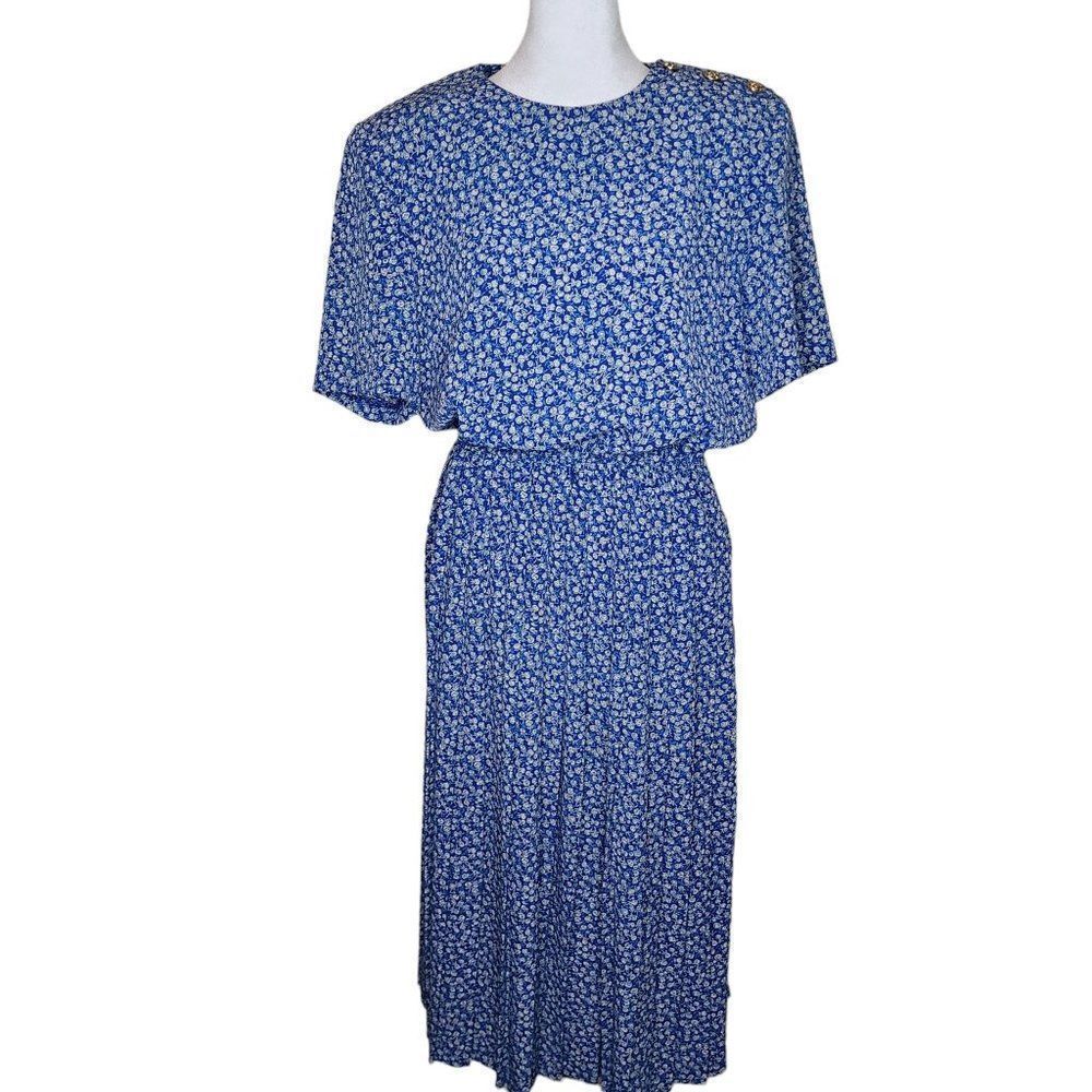 Vintage Leslie Faye Blouson Dress Blue Size 10 Pleated Skirt Ditzy Floral Secret